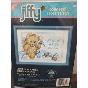 "Bear in Booties Birth Record"~Sunset Jiffy Counted Cross Stitch Kit #16600~ NEW